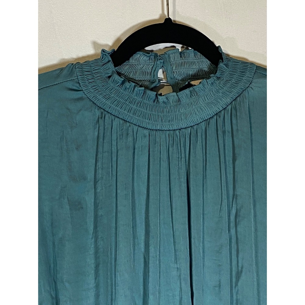 Nine West Teal Smocked Peplum Blouse L Balloon Sleeve Cottagecore Modest - Picture 3 of 7